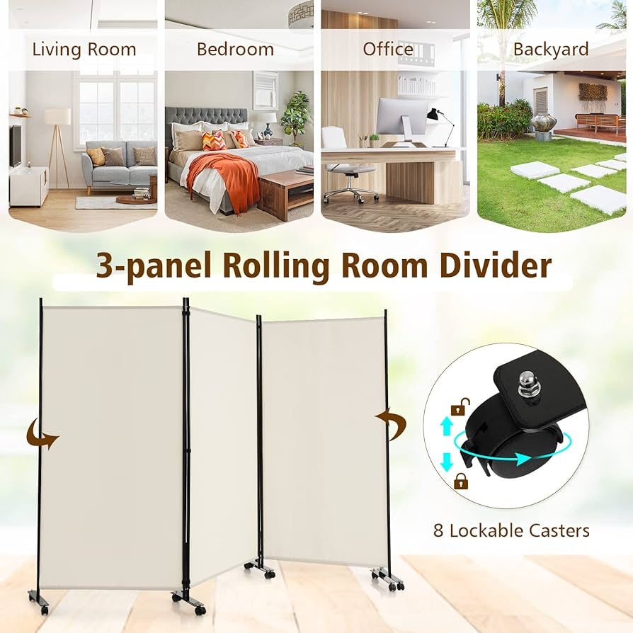 3-Panel Folding Room Divider, 180 CM Rolling Privacy Screen with Lockable Wheels, Portable Wall Divider and Separator, Freestanding Privacy Protection for Living Room, Bedroom, Office