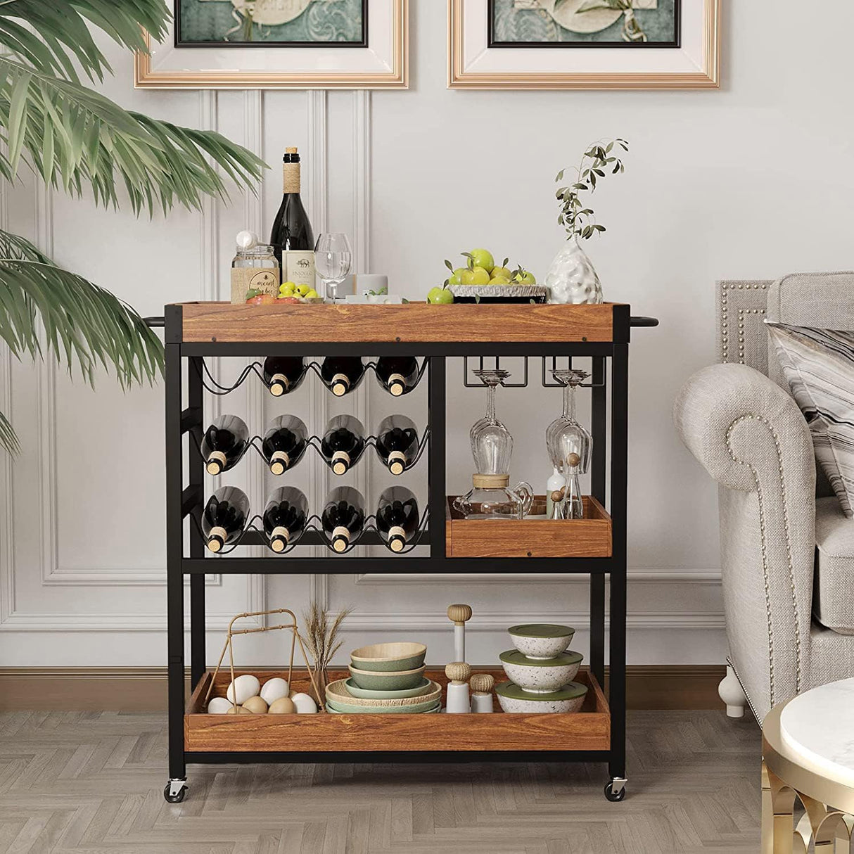 Bar Carts for Home, Bar Serving Cart with 12 Bottle Wine Rack and Wine Glasses Holder, Rustic Rolling Bar Cart with Removable Shelves for Home