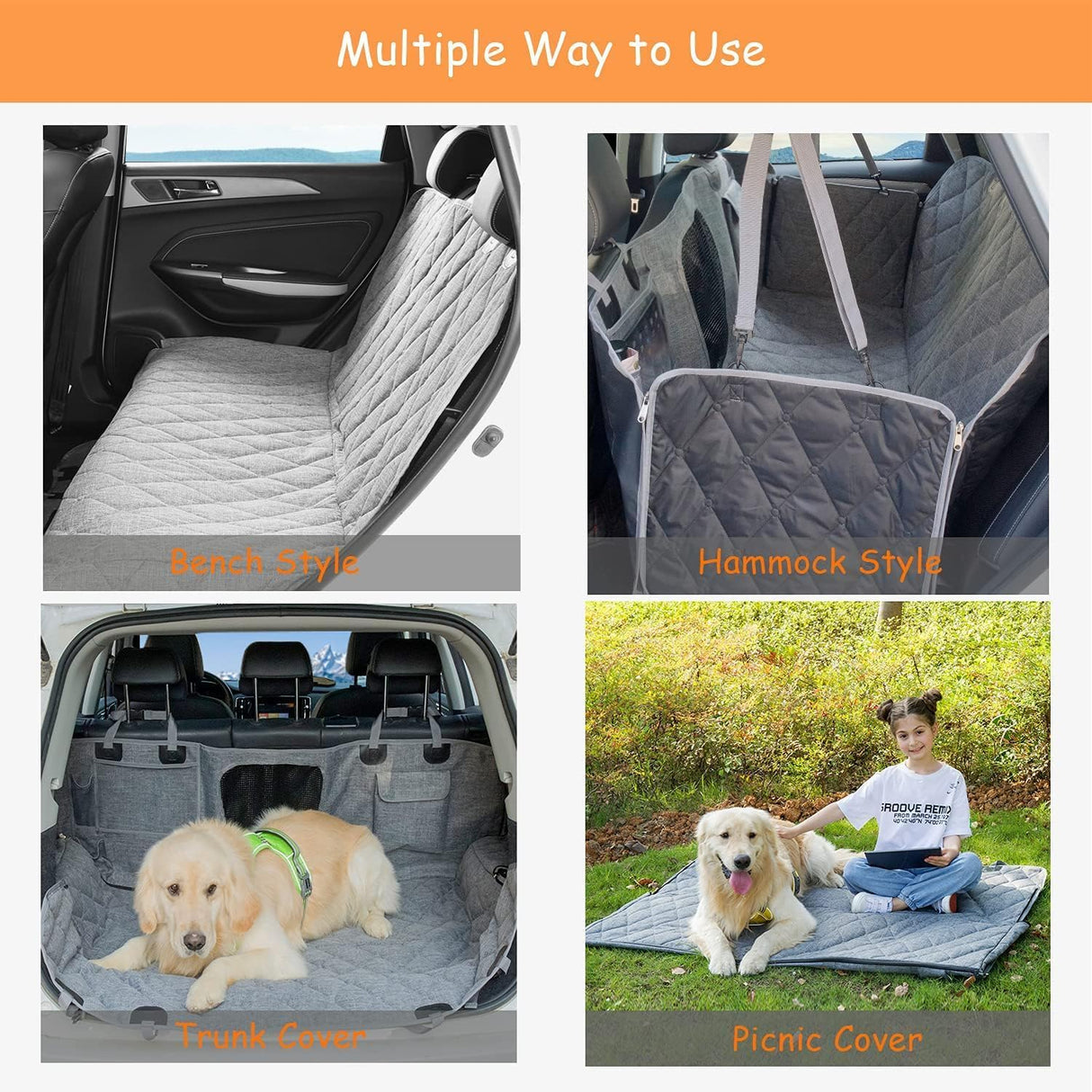 Dog Car Seat Cover 6in1 Car Hammock Waterproof for Backseat with Mesh Window Multiple Pockets in Trucks/SUVs Nonslip Rubber Washable Pet Seat Cover Protector for Small Medium Large Dogs Grey