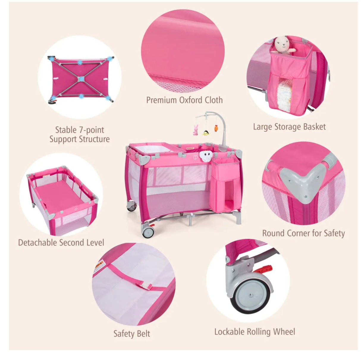 Baby Travel Cot Bassinet 3-in-1 Portable Infant Crib Playpen w/ Mattress Pink