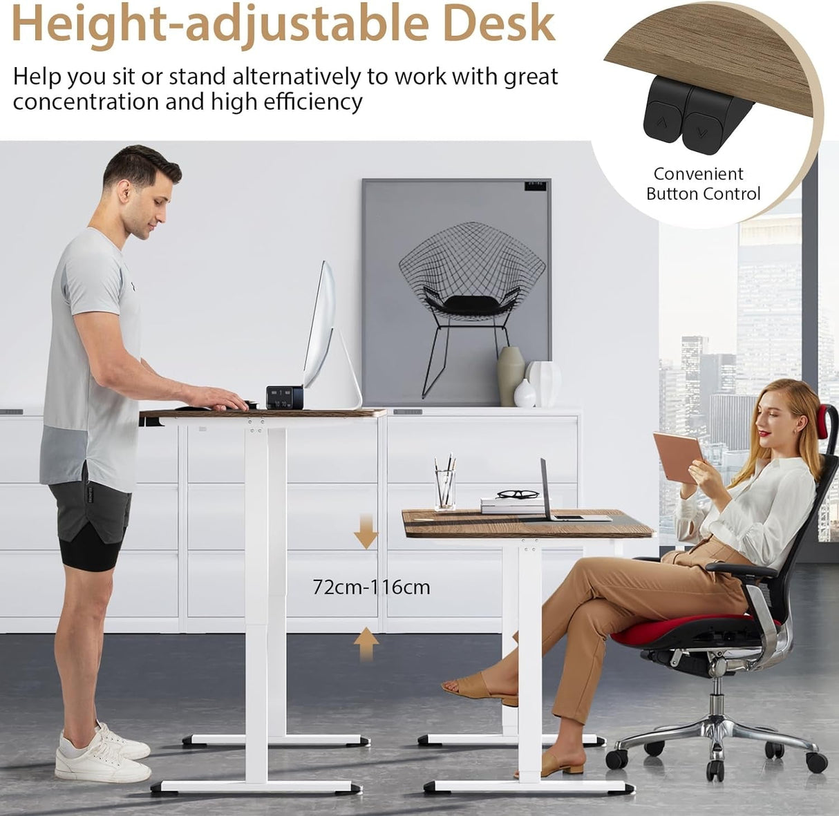 140 x 70cm Large Electric Standing Desk, Height Adjustable Sit to Stand Desk, Metal Frame & Powerful Motor, Button Controller, Headphone Hook, Ergonomic Standing Workstation