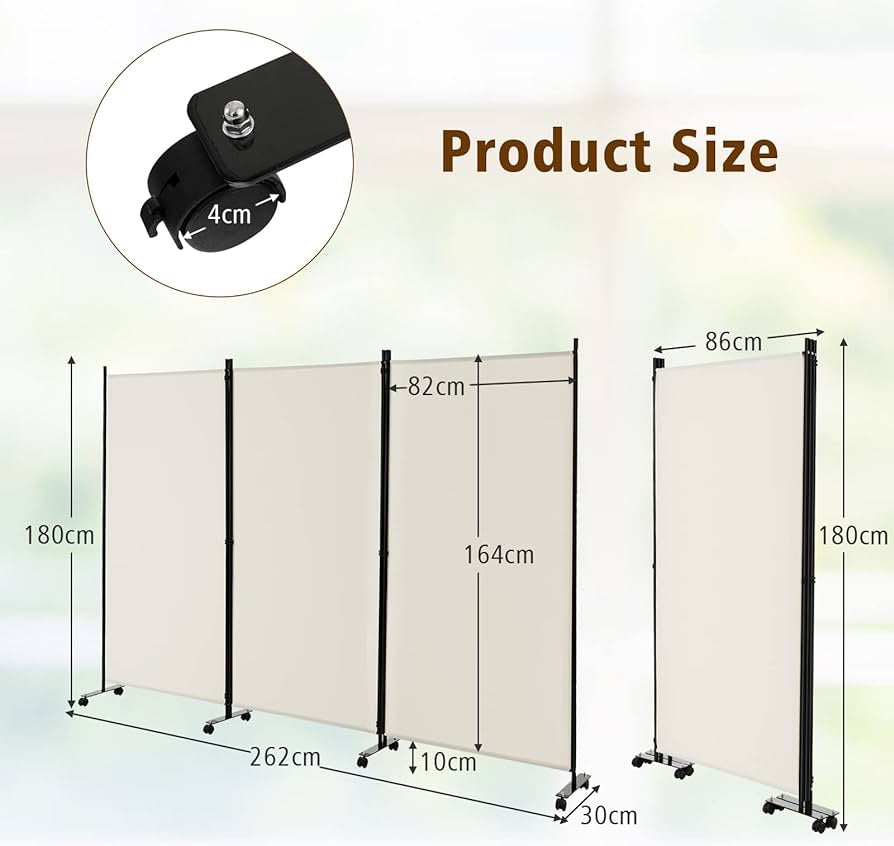 3-Panel Folding Room Divider, 180 CM Rolling Privacy Screen with Lockable Wheels, Portable Wall Divider and Separator, Freestanding Privacy Protection for Living Room, Bedroom, Office