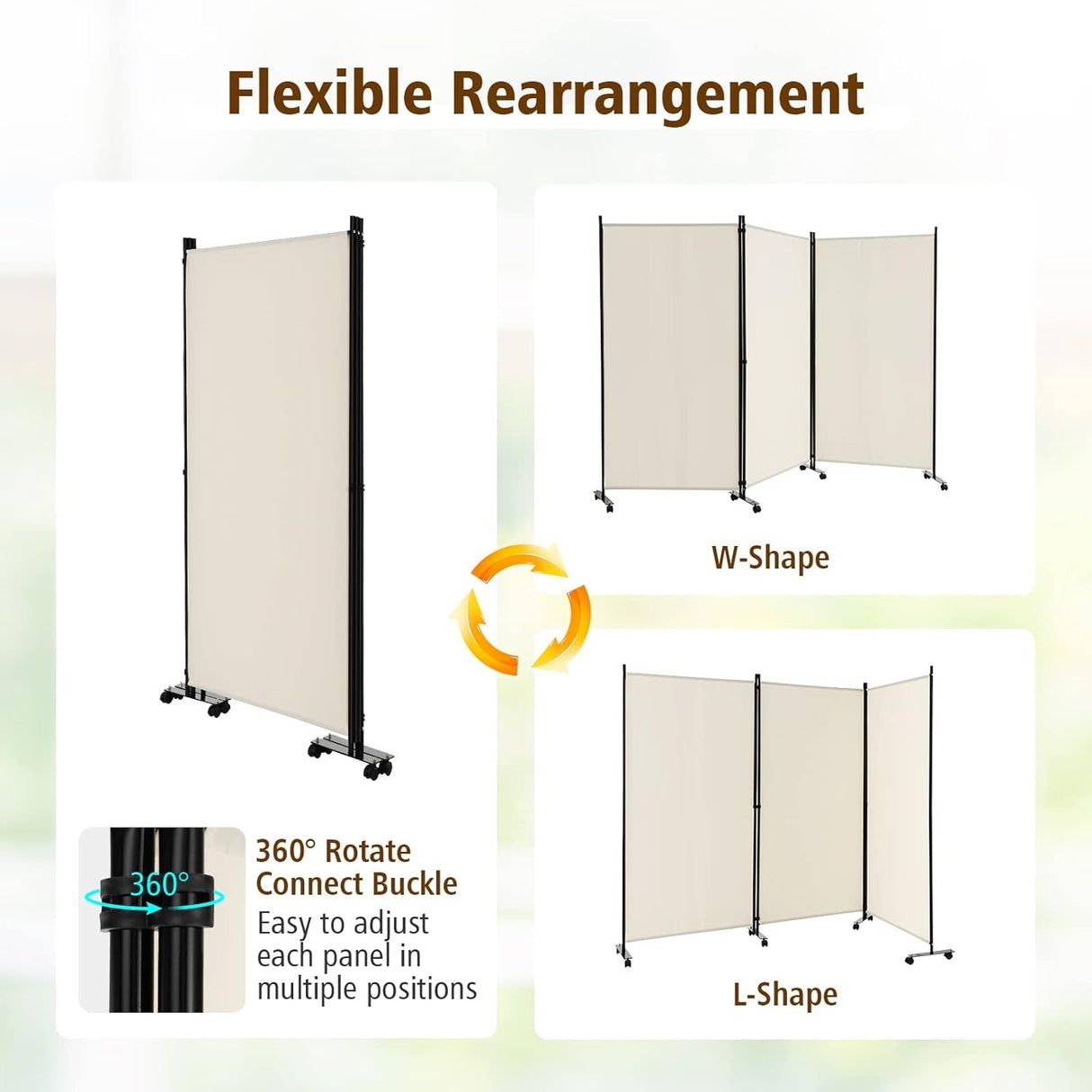 3-Panel Folding Room Divider, 180 CM Rolling Privacy Screen with Lockable Wheels, Portable Wall Divider and Separator, Freestanding Privacy Protection for Living Room, Bedroom, Office