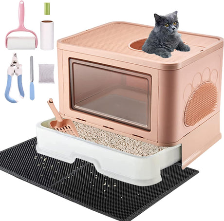 Cat Litter Box, Extra Large Litter Box, Foldable Top Exit Pet Boxes, Anti-Splashing Cat Kitty Litter Pan Easy Cleaning and Scoop | with Cat Litter Mat Litter Scoop Nail Clippers Pet Lint Roller