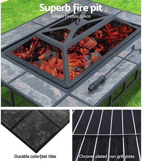 Outdoor Fire Pit BBQ Table Grill Fireplace w/Ice Tray Barbecue Picnic Heater Desk Garden Patio Camping Cooker Brazier