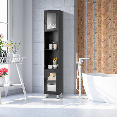 Bathroom Storage Cabinet Tall 5Tier Toilet Cupboard Glass Door White/Black 180CM