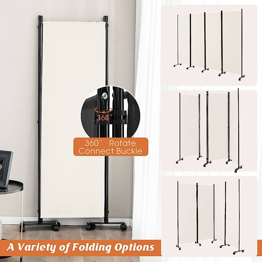 4-Panel Folding Room Divider, 1.73m Rolling Privacy Screen with Lockable Wheels, Portable Wall Divider and Separator, Freestanding Privacy Protection for Living Room, Bedroom, Office