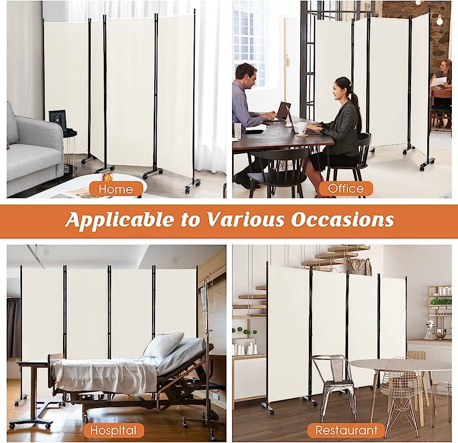 4-Panel Folding Room Divider, 1.73m Rolling Privacy Screen with Lockable Wheels, Portable Wall Divider and Separator, Freestanding Privacy Protection for Living Room, Bedroom, Office