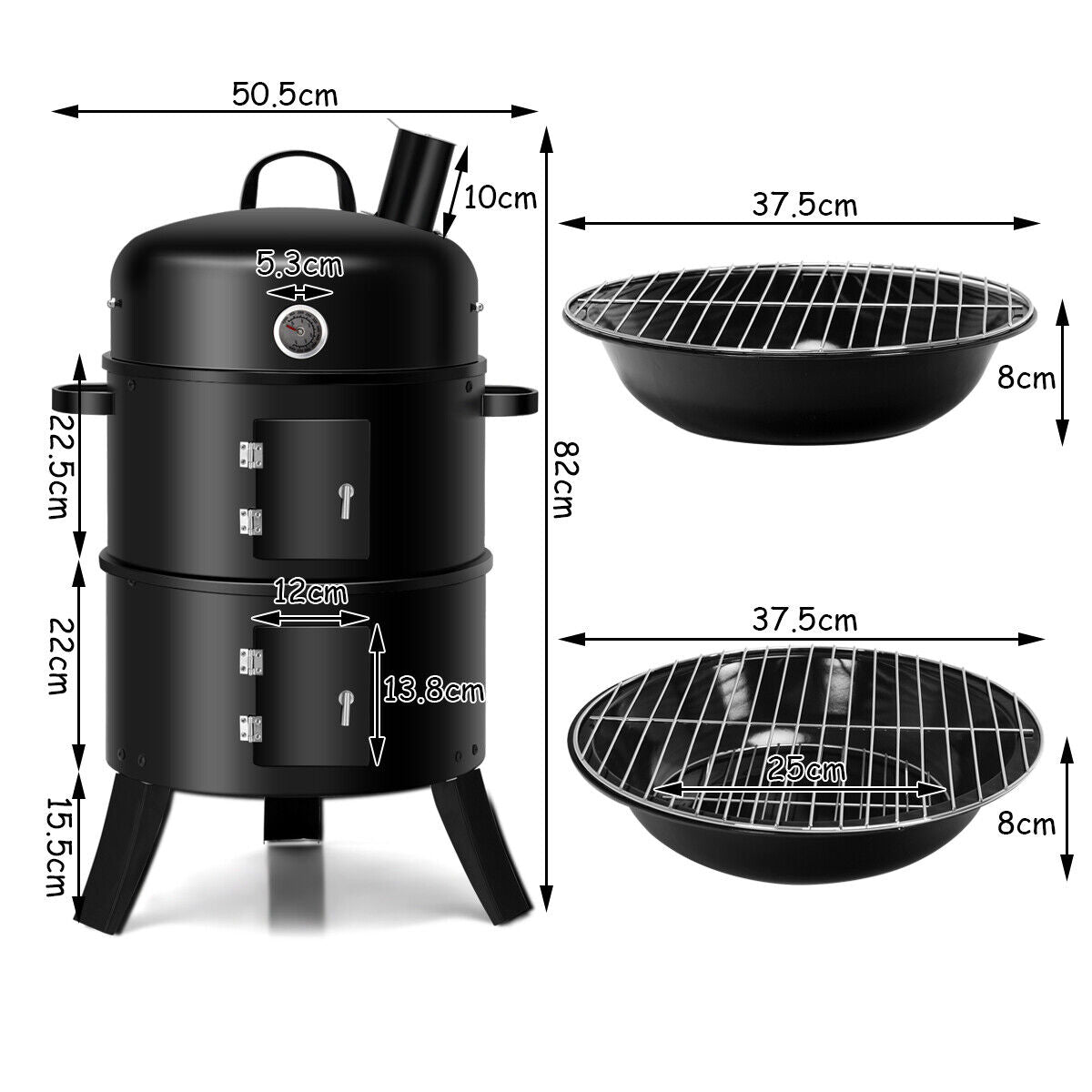 3in1 Charcoal BBQ Grill Smoker Roaster Fire Pit Picnic Camping Portable Outdoor