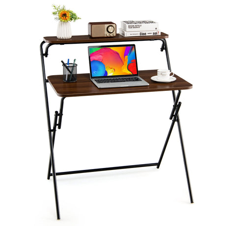 Foldable Computer Desk 2-Tier Laptop Wood Table Home Office No Assembly Required