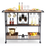 3-Tier Bar Serving Cart Rolling Trolley with Wine Grid Glass Holder 300LBS