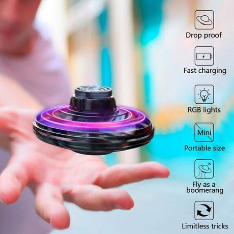 Flying Spinner Pro, Hand Operated Mini Drone, 360° Rotating and Shining LED Lights for Kids Adults Indoor & Outdoor Fun (Black)